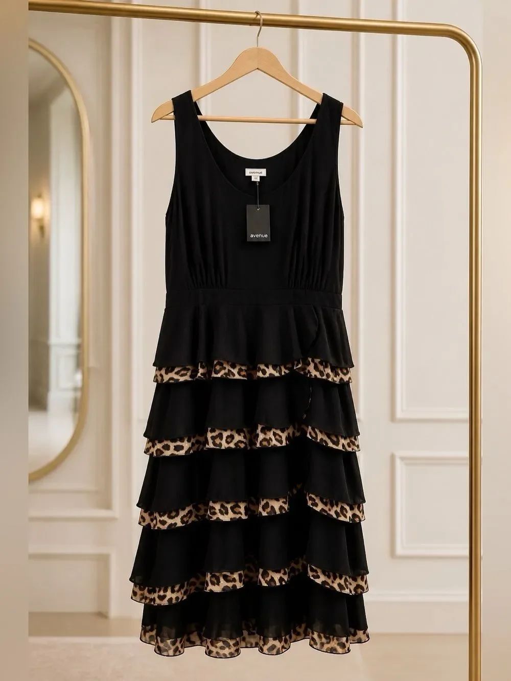 Avenue Black and Leopard Tiered Sleeveless Dress Size 18